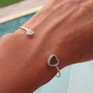 925 STERLING SILVER CUBIC ZIRCONIA HEART OPEN CUFF BRACELET, Wrist sz. S/M *Flaw